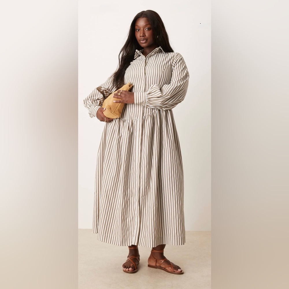 ASOS Curve Long Sleeve Striped Dress in Cream and Brown